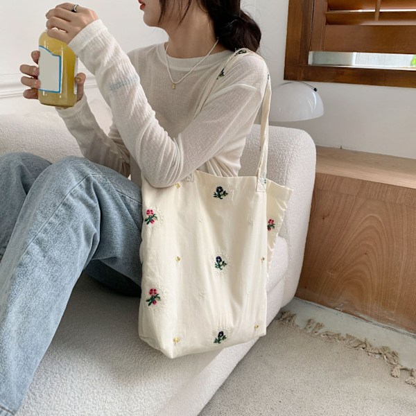 Elegant Stor Kapacitet Canvas Tote Taske med Blomsterbroderi til Bøger, Arbejde og Skole - Stilfuldt Abrikos Design, One Size
