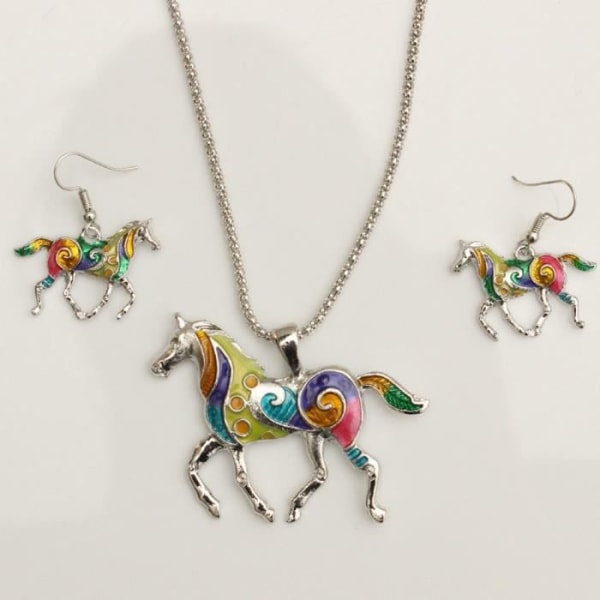 SILVER - Värikäs yksisarvinen hevonen set koru kaulakoru korvakoru lahja nainen tai tyttö