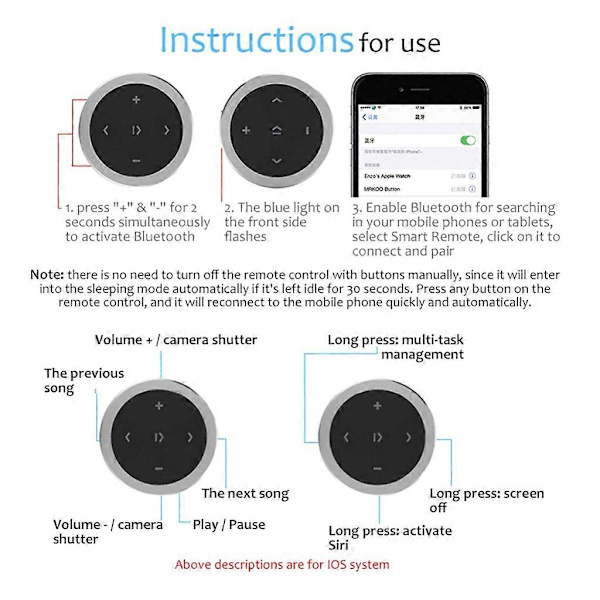【YD】Wireless Remote Control Waterproof Car Steering Wheel Music Playback Remote Control Bluetooth Media Button for IOS Android Silver