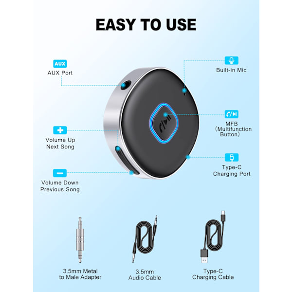 Bil Bluetooth AUX-adapter, Mini Bluetooth 5.0-mottaker