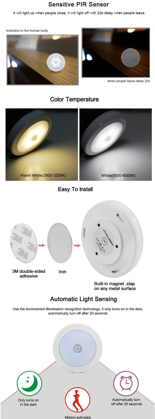 【YD】Nattlampe - Bevegelsessensor, LED (2-pakning)