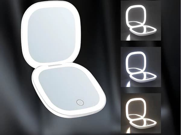 LED sminkespeil med 5x forstørrelse, sammenleggbart, kompakt, oppladbart, 3 lysmoduser, reise