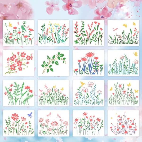 16 genanvendelige stencils med kirsebærblomster og slyngplanter til maling på træ