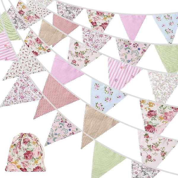 【YD】12 meter stoffvimpler, 42 stk utendørs vimpelbanner, blomstret vintage bomull trekantflagg for Ga