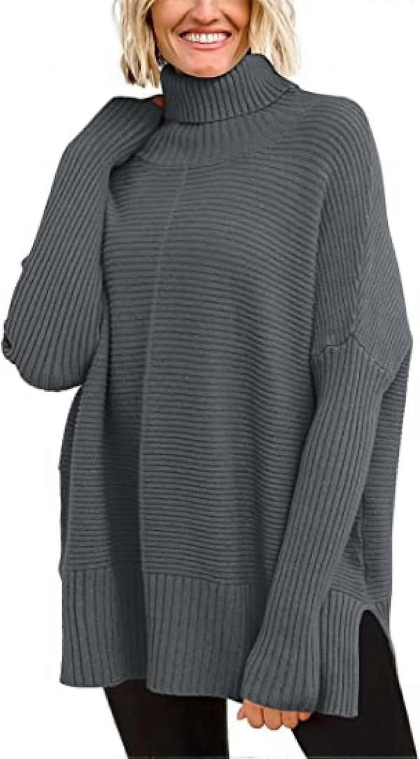 Dam Turtleneck Oversized Tunika Hösttröjor 2022 Lång Fladdermusärm Delad Fåll Pullover Stickad Tröja Toppar, L