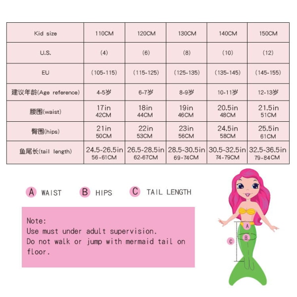 Lasten Mermaid Tail Swimsuit nuolee Swimsuit Pants Swimsuit F 110