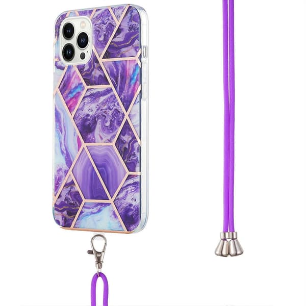For iPhone 15 Pro Galvanisering Skjøting Marmormønster IMD TPU Støtsikkert Deksel med Halsstropp Dark Purple