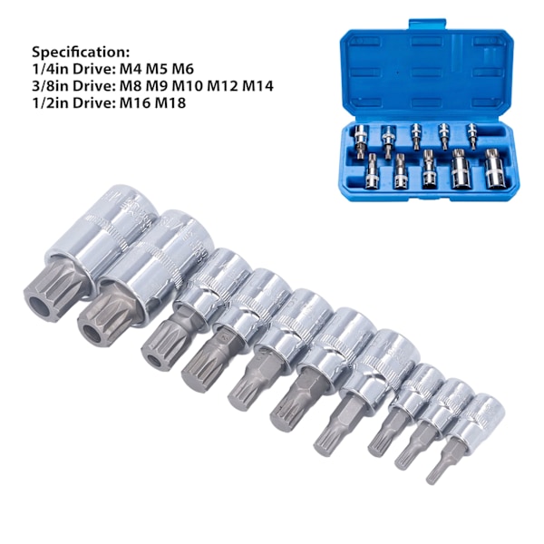 10-delers sett med trippel firkant spline bit-piper (M4 til M18) med oppbevaringsboks for 1/4\", 3/8\" og 1/2\" fester