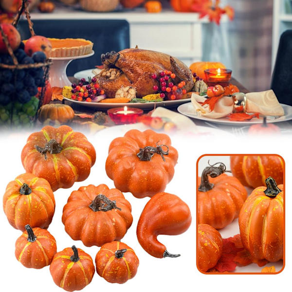 8 kpl Halloween ja Thanksgiving -teemainen keinotekoinen oranssi kurpitsa setti DIY-lomakoristeluun ja valokuvausrekvisiitaksi (pussi)