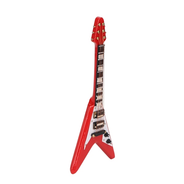 Miniatyr Röd Elgitarr Replika - Mini Musikalisk Instrumentmodell i Trä för Dockskåpsdekoration, 14cm