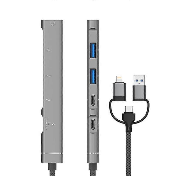 USB / Type-C / 8-pin til 3,5 mm, PD, 2 x USB, Type-C HUB-adapter 5-i-1 dokkingstasjon 5-i-1 3,5 mm Grey