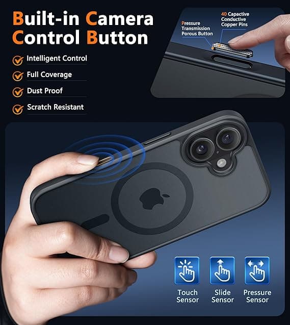 【YD】FNTCASE for iPhone 16 Plus Case with Screen Protector, Compatible with MagSafe, Translucent Matte, Military Grade Shockproof Shell, Black-T Black-T