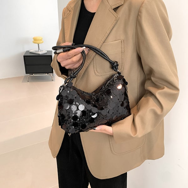 Fashionabel Glitter Paljett Axelväska för Kvinnor - Multifunktionell Handväska för Daglig Användning, Fester, Arbete och Resor i Svart, One Size.