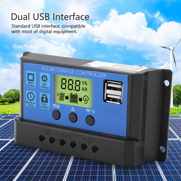 12V 24V Dobbel USB Solcellepanel Laderegulator Regulator LCD-skjerm 10A - Svart/Gul