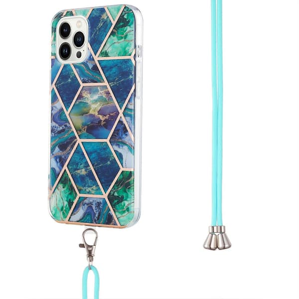 For iPhone 15 Pro Galvanisering Skjøting Marmormønster IMD TPU Støtsikkert Deksel med Halsstropp Blue Green