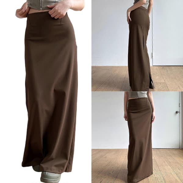 Maxi lång kjol för kvinnor med elastisk midja och slits baktill i polyestertyg för fritidsaktiviteter brun M brown M