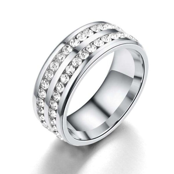 Titanium stål fuld diamant og zirconia dobbelt række ring Silver size 7