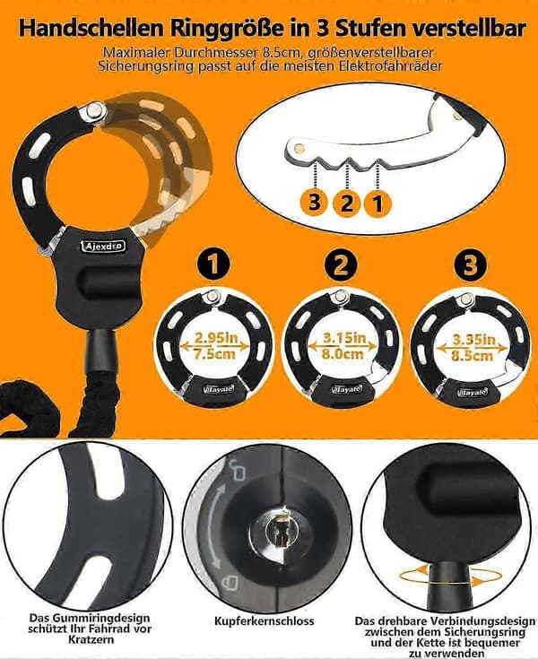 【YD】E Scooter Lock, Handcuff Lock with Key, E Scooter Lock with Rubber Sleeve, High Security Bicycle Lock, 90 cm, Ideal for E-scooters, Bicycles