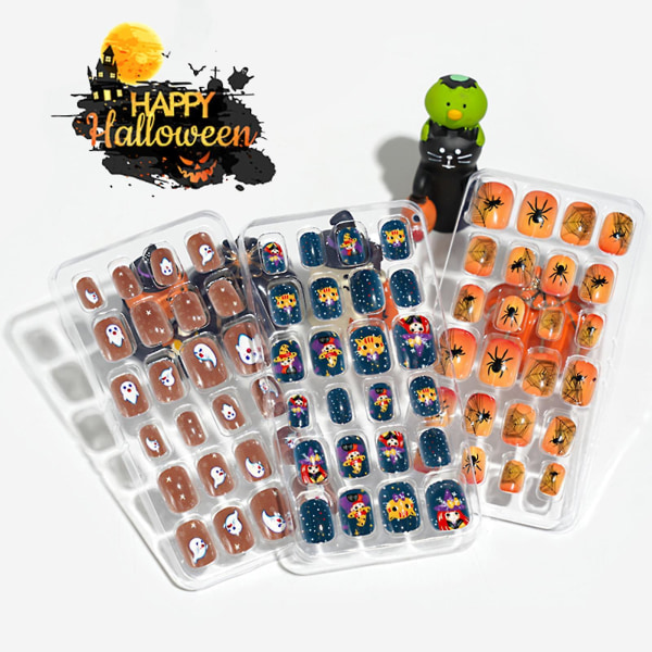 24 stk/sæt Halloween-stil neglespids Børnespids Bærbar farverig børnebetræk Tryk på selvklæbende falske negle til gave 3