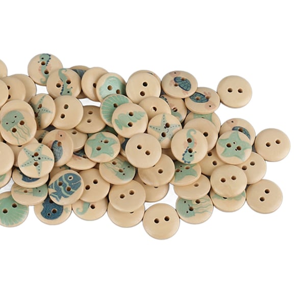 100 stk Assorterte Trykte Treknapper 2 Hull Runde Dekorative Treknapper for Syhåndverk Loggfarge Hav