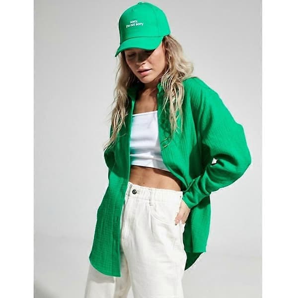 Knappeskjorter for kvinner Oversized langermet knappeskjorte med crepe-tekstur, off-shoulder damebluser DEEP GREEN M