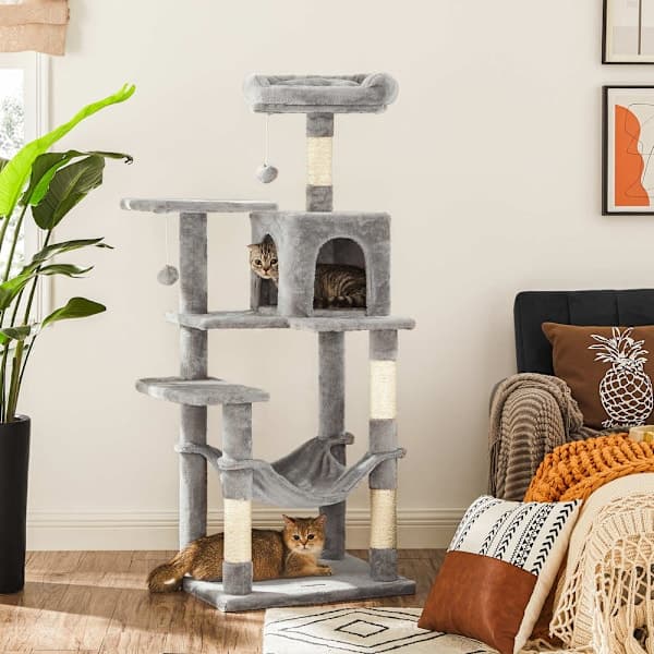 【YD】Cat Tree with Den and Hammock – 143 cm - Light Grey