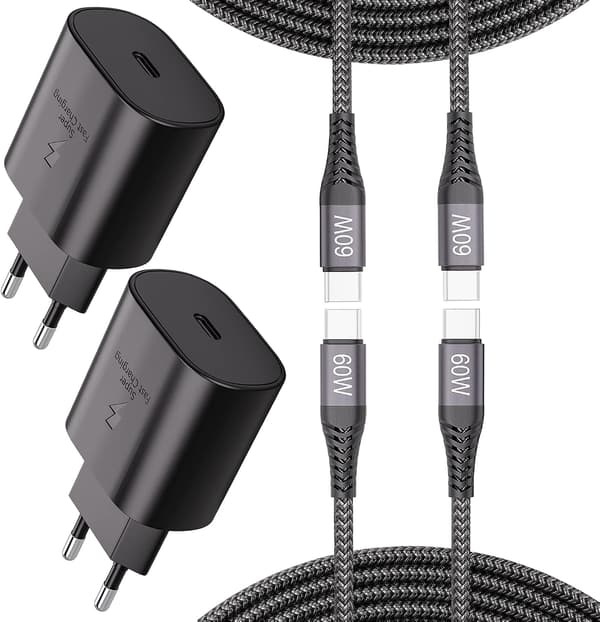(2-PAK) USB C opladerkabel (1M) + Universal Super 25W 3A Vægoplader (SUPER 2-PACK (2)25W (2) 1M)