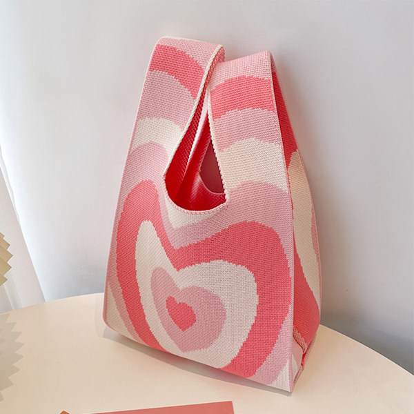 Sød Pink Strikket Skuldertaske med Hjerte Mønster og Bred Rem - Perfekt til Fester, Shopping og Indkøbsture. One Size Fits All.