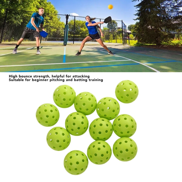 12 st 74 mm 40 hål pickleballs PE plast hög elasticitet pickleball utomhus hål bollar grön