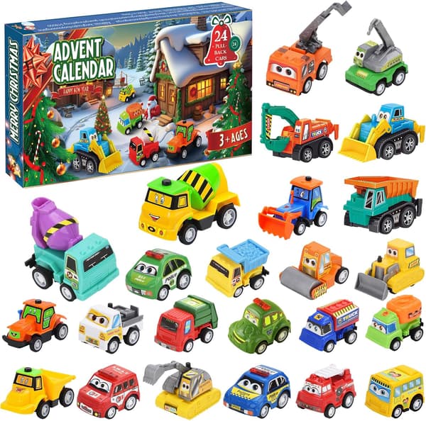 【YD】Julekalender 2025 for barn gutter, 24 dager julekalender med pull-back biler kjøretøy