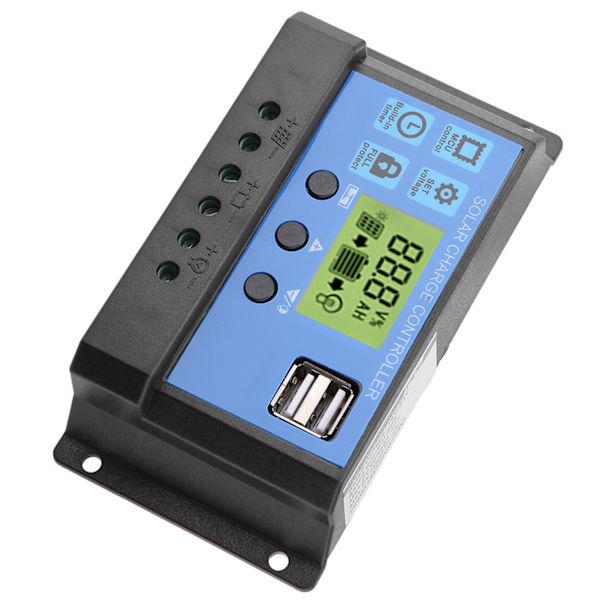 12V 24V Dobbel USB Solcellepanel Laderegulator Regulator LCD-skjerm 10A - Svart/Gul