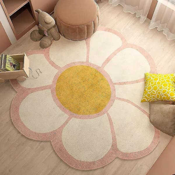 Blomst Rundt Teppe, Barnerom Gulvmatte, Sengside Plysj Teppe 60*60cm