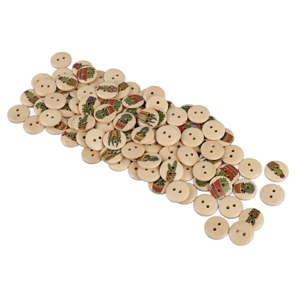 100 stk Assorterte Trykte Treknapper - 2 Hull Runde Dekorative Knapper til Syarbeid - Loggfarge Kaktus