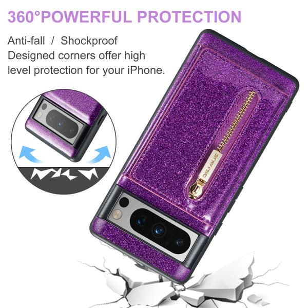 【YD】DG.MING Google Pixel 8 Pro Cover Magnetisk Pung Glitter Lilla 123