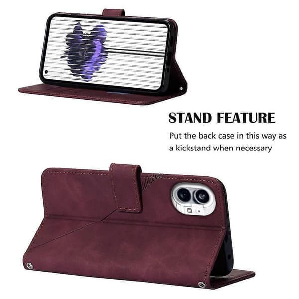 (Ny) För Nothing Phone 1 3D präglad flip läderfodral Wine Red