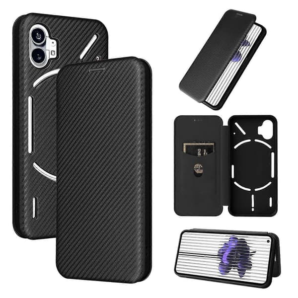 För Nothing Phone 1 Flipfodral i kolfibertextur i läder Black