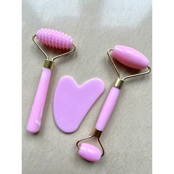 3st Set Resin Roller Massager Gua Sha Ansiktsvårdsrulle pink