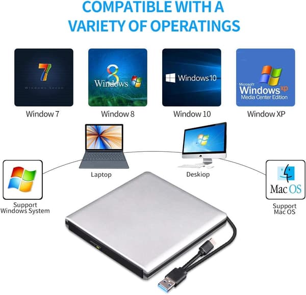 【YD】Eksternt 3D Blu-ray DVD-drev - til MacBook OS Windows xp/7/8/10 - Sølvgrå
