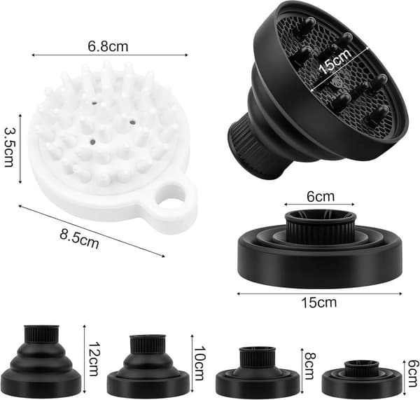 [YD]Hår Diffuser - Krøllet & Bølget Hårstyling - Med Hovedbund Massagebørste - Universal Pasform (3.5 cm) - Sort