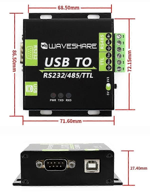 Waveshare USB TIL RS232 / RS485 / TTL Industriell Isolert Omformer Inte angivet