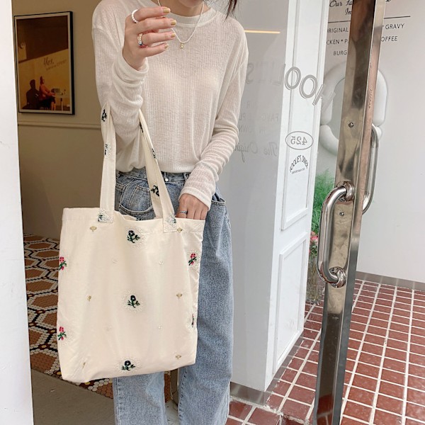 Elegant Stor Kapacitet Canvas Tote Taske med Blomsterbroderi til Bøger, Arbejde og Skole - Stilfuldt Abrikos Design, One Size
