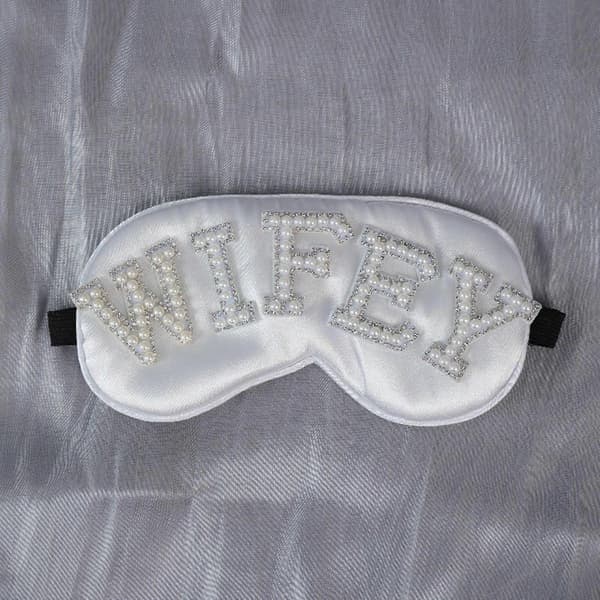 Brudögonmask med pärlor, sovmask BRIDE för möhippa, brudgåva, bröllopsdusch, vit BRIDE