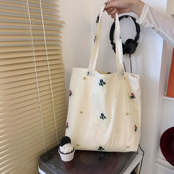Elegant Stor Kapacitet Canvas Tote Taske med Blomsterbroderi til Bøger, Arbejde og Skole - Stilfuldt Abrikos Design, One Size