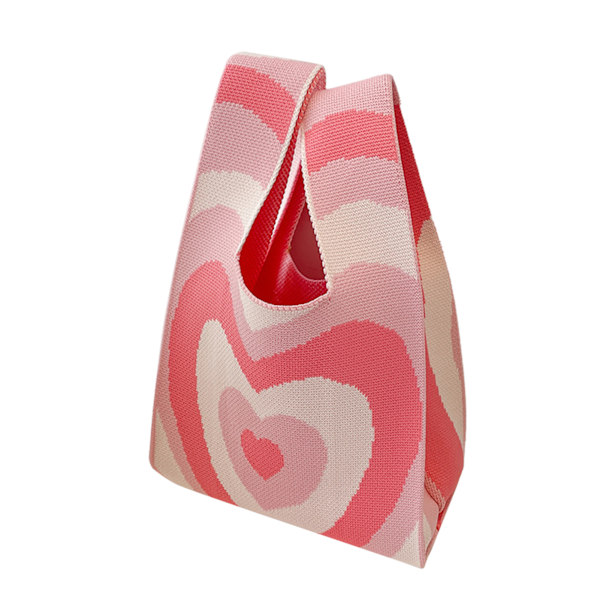 Sød Pink Strikket Skuldertaske med Hjerte Mønster og Bred Rem - Perfekt til Fester, Shopping og Indkøbsture. One Size Fits All.