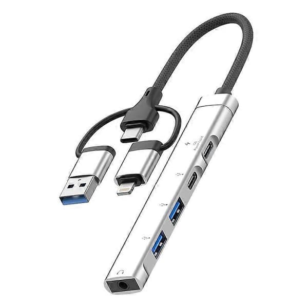 USB / Type-C / 8 Pin til 3.5mm, PD, 2 x USB, Type-C HUB Adapter 5 i 1 Dockingstation 5-i-1 3.5mm Silver