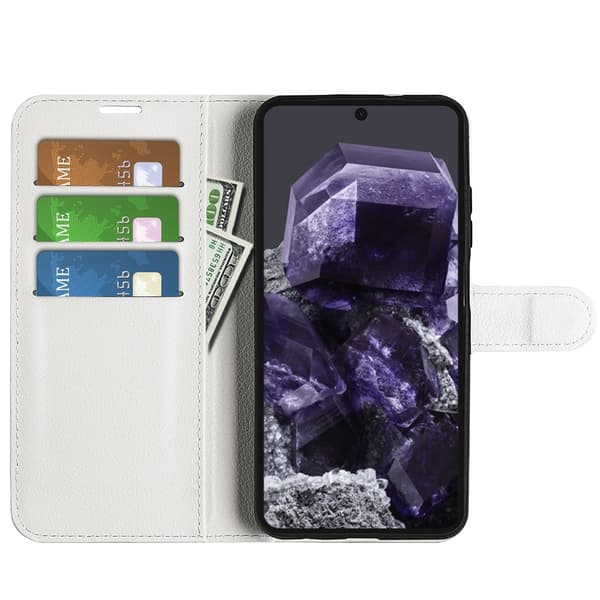 【YD】Google Pixel 8A Litchi Skinnveske Hvit 65
