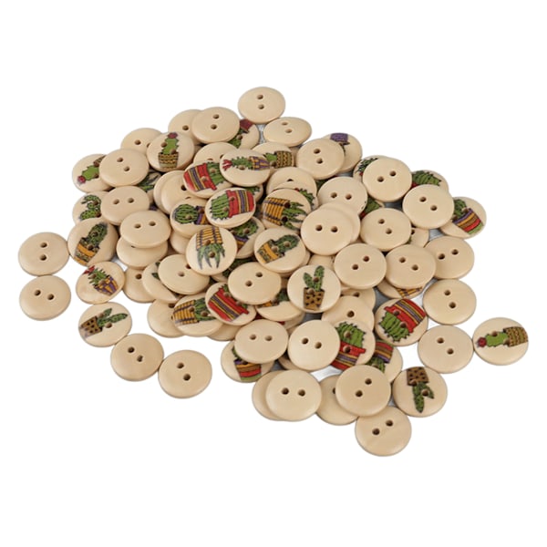 100 stk Assorterte Trykte Treknapper - 2 Hull Runde Dekorative Knapper til Syarbeid - Loggfarge Kaktus