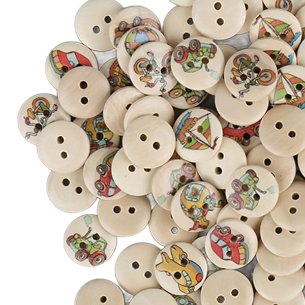 100 stk Assorterte Trykte Treknapper - 2 Hull Runde Dekorative Treknapper for Syarbeid - Loggfargede Biler