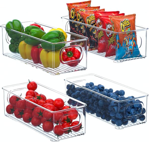 [YD]Fridge Organizer Set of 4, Stackable Storage Bins, Small Refrigerator Organizer Bins with Handles for Kitchen, Freezer, Pantry