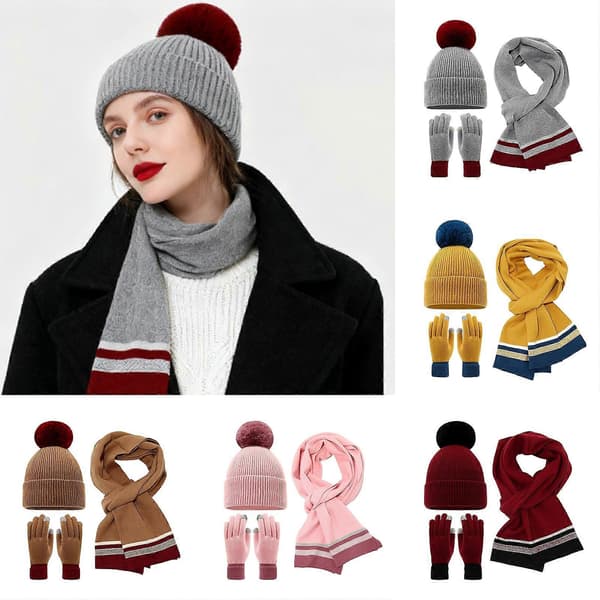 3 st/set Vintermössa Halsduk Handskar Set för kvinnor Plyschbollsdekor Elastisk Stickad Mössa Lång Halsduk Pekskärmshandskar Set Wine Red